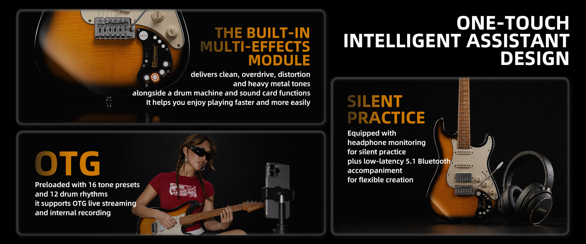Bullfighter D160SE electric guitar one‑touch intelligent assistant, multi‑effects, drum machine, OTG live streaming, Bluetooth accompaniment