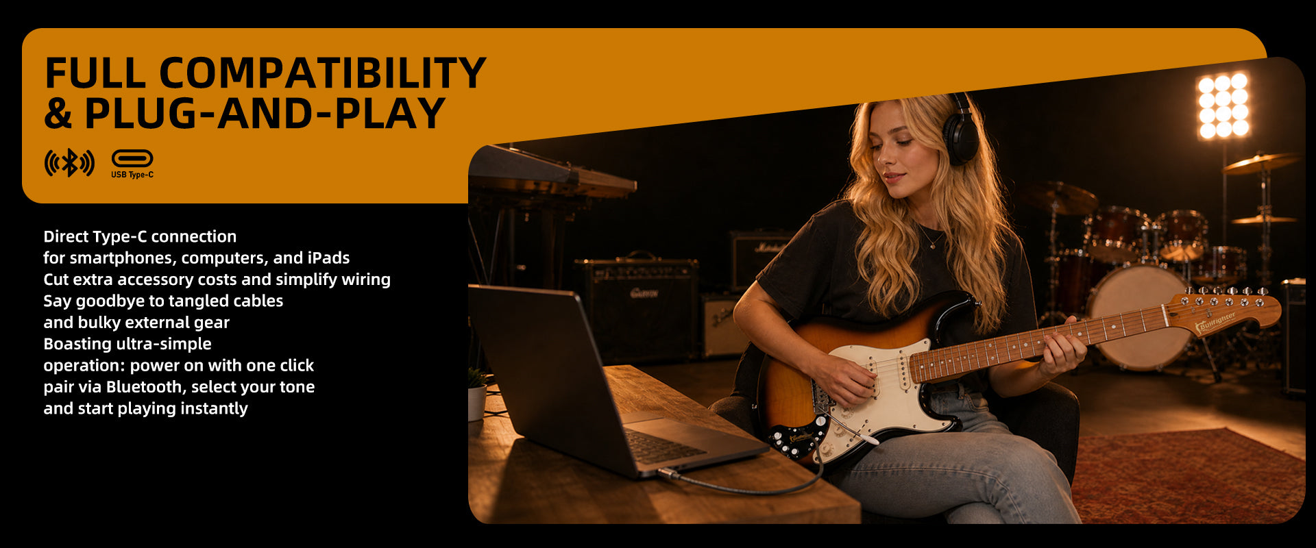 Bullfighter D160SE plug‑and‑play design, Type‑C connection, Bluetooth pairing, easy operation for electric guitar
