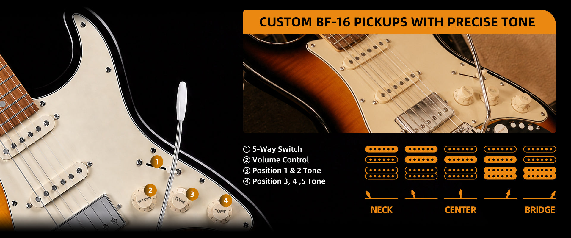 Bullfighter D160SE BF‑16 SSH pickups, 5‑way switch, versatile tones for Neo‑Soul and Metal music