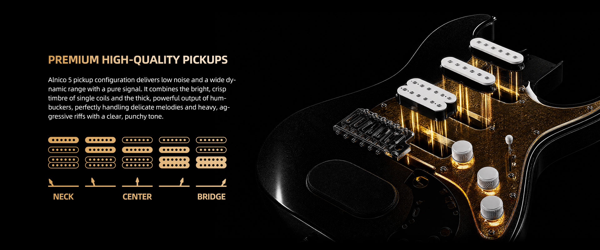 Bullfighter VibeT3 Alnico 5 pickups, low noise wide dynamic range for various music styles