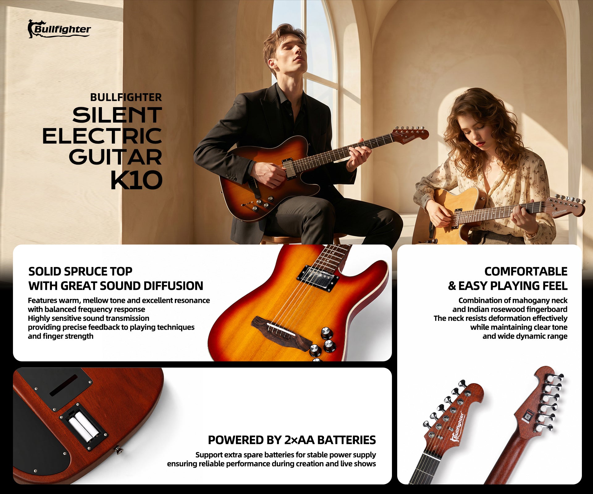 Bullfighter K10 Silent Electric Guitar, 2×AA batteries power supply, solid spruce top, mahogany neck and Indian rosewood fingerboard