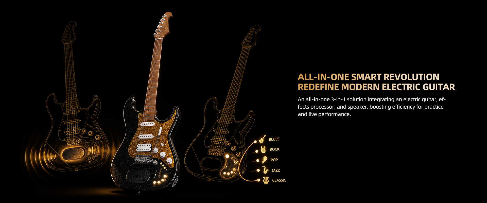 Bullfighter VibeT3 all‑in‑one smart electric guitar, 3‑in‑1 guitar effects processor speaker for practice and live performance