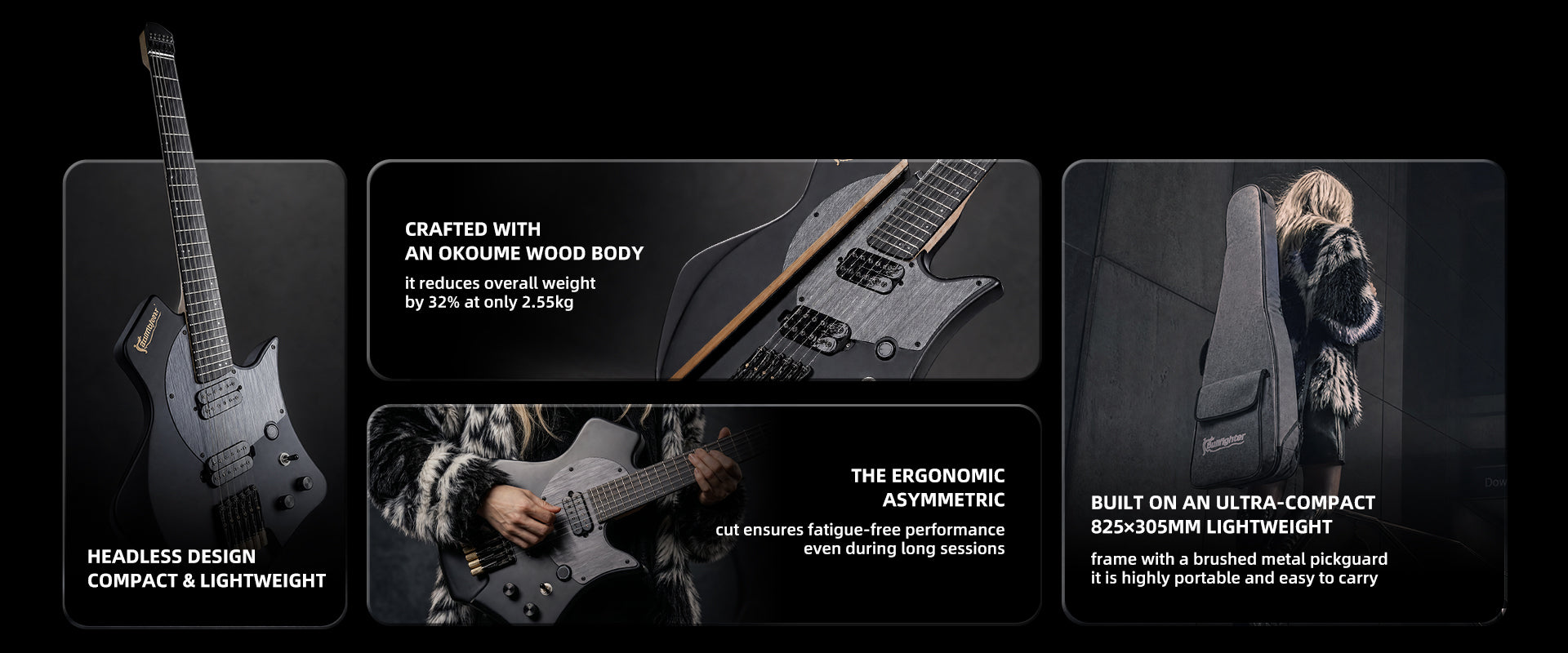 Bullfighter D-350 Headless Electric Guitar, Okoume wood body, compact lightweight headless design