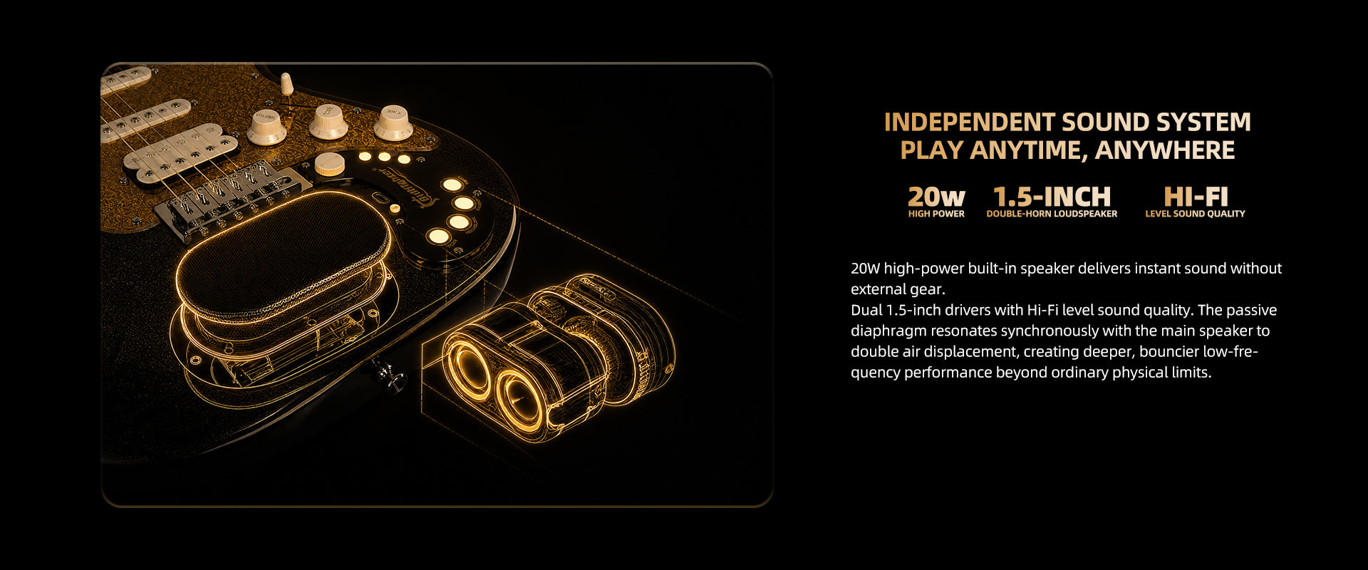 Bullfighter VibeT3 floating structural acoustic tech, 20W built‑in speaker with dual drivers and passive diaphragm for pure deep tone