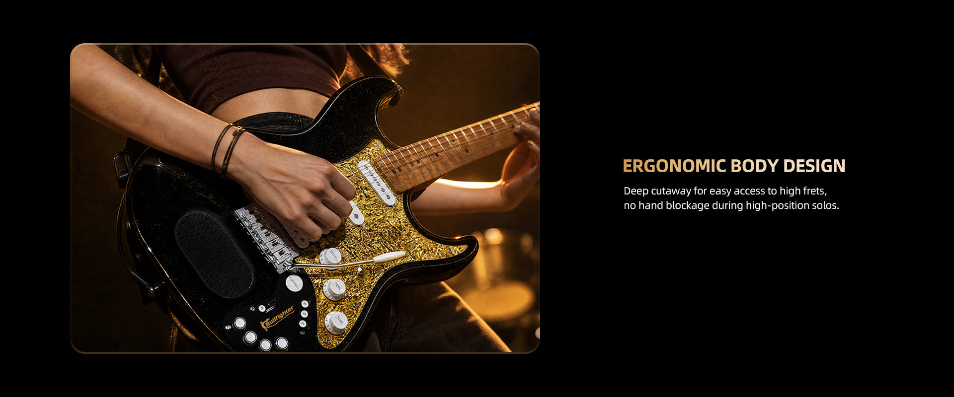 Bullfighter VibeT3 ergonomic guitar body with deep cutaway for easy high‑fret access